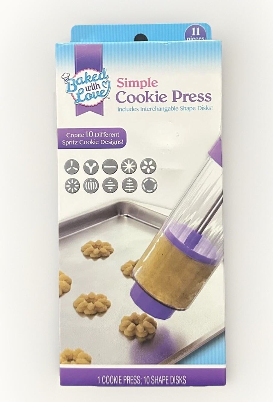 Spritz Cookie Simple Press w/ 10 Discs Shapes Baking Tool Set Baked With Love